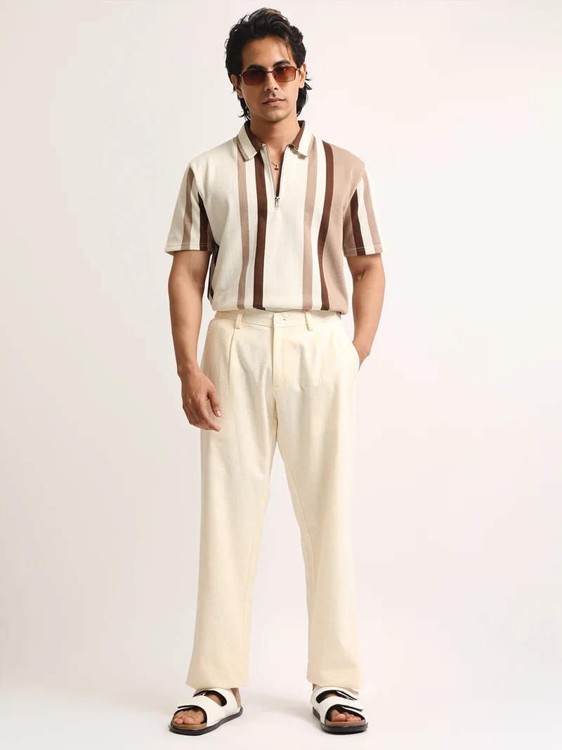 Maniac  Maniac Mens Solid Cream Turkish Linen Cotton Blend Trouser for Men | Best Price UAE